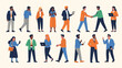 © Muflif - A diverse group of people in business attire are depicted in a flat, modern illustration, some interacting with technology.