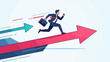 © emiloo - A businessman in a suit runs uphill on a red arrow, symbolizing career growth and success.