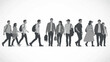 © emiloo - A diverse group of people in silhouette, walking in a line against a plain background.