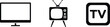 © PJ DeSign - Set of black television icons including modern flat screen monitor vintage retro tv set and digital media app logo.