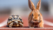 © Kanomaoi - Large Determined Tortoise Faces Off Against Brown Rabbit On A Misty Road