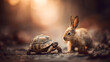 © Kanomaoi - Profile View Of Small Baby Tortoise Looking At White Fluffy Young Rabbit