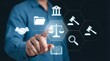 © CuteBee - A lawyer interacts with digital legal icons on a futuristic interface, representing the intersection of law and technology in modern legal practice.