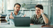 © peopleimages.com - Men, team and stress with laptop at office, discussion or glitch with mistake at investment agency. People, trader and computer for collaboration, frustrated or shout with anger at financial company