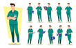 © stockdevil - Professional male doctor character set in green scrubs suit. Flat vector illustration with various poses such as holding X-ray, syringe, clipboard, and medical kit. Ideal for healthcare design.