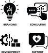 © Vector Creative Art - Business strategy vector icons set featuring branding consulting development and customer support symbols isolated on white background.