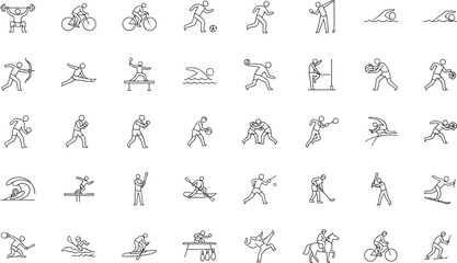 Naklejka na meble Sport activity icon set, athletic movement symbols, physical fitness vector, minimalist sports illustration, black line drawing, dynamic action silhouettes