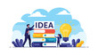 © Mitchell - Professionals stack books labeled idea next to large glowing lightbulb to symbolize creative education and knowledge growth.