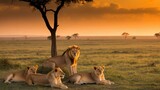 Majestic Lion Pride Resting Under Acacia Tree at Golden Hour Sunset Savannah Landscape Illustration