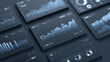 © Broccolini - Professional 3D SaaS dashboard visualization with multiple digital data screens, conceptual dark mode interface with financial charts and analytics graphs, modern tech business background