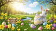 © MD - Happy easter greeting with joyful white rabbit holding large decorated egg in sunny green meadow surrounded by colorful tulips daffodils and happy easter sign