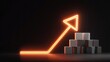 © arif - Neon arrow pointing upwards over a stack of cubes on a dark background