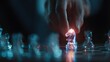 © Taiwo - Hand is moving a clear chess pawn piece on a dark surface with a glowing, interconnected network pattern. Digital Knight Chess pieces board glowing, blue wireframe models.
