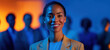 © Parisa - Positive female leader in blazer smiling in sharp focus as colleagues blur in vibrant blue and orange modern corporate scene