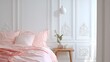 © Rolas - Elegant bedroom interior featuring pale pink bedding against ornate white paneled walls
