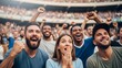 © Banstanks - Enthusiastic crowd celebrating outdoors cheering and raising hands