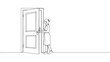 © PDWN Creative - Continuous one line art illustration of a woman opening a door, a symbol of opportunity and new beginnings
