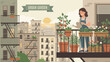 © Rabbul - Woman watering balcony plants urban gardening. City lifestyle flat vector. Female gardener caring for flowers. Home garden hobby. Sustainable living apartment terrace. Eco friendly home.