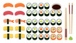 © Rabbul - Japanese sushi set vector illustration. Asian food nigiri maki salmon tuna rolls. Knolling layout isolated on white. Chopsticks soy sauce wasabi. Delicious seafood dinner collection.
