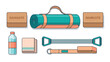 © Rabbul - Yoga equipment set vector. Fitness accessories flat lay. Pilates mat, cork blocks, bottle, towel, strap, expander. Gym workout gear. Healthy lifestyle concept. Sport training kit.