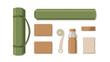 © Rabbul - Yoga equipment flat lay set. Fitness accessories collection. Green mat cork blocks strap bottle towel. Pilates gear top view. Gym workout essentials isolated. Meditation kit.