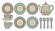 © HISAN - Vintage tea set vector illustration. Retro kitchenware flat lay. Knolling layout of porcelain cups, teapot, spoons and saucers. Antique tableware elements. Ceramic tea party objects.