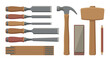 © HISAN - Woodworking tools set isolated on white. Carpenter equipment kit for joinery. Hammer chisels mallet and ruler flat lay. Construction renovation workshop instrument vector concept.
