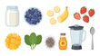 © HISAN - Smoothie ingredients set flat lay. Fruit blender. Healthy diet food collection. Milk yogurt banana strawberry blueberry mango spinach chia honey. Vector illustration isolated.