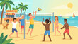 © HISAN - Happy friends playing beach volleyball sunny summer day. Active diverse people sport game vacation. Cartoon flat vector illustration team activity match sea sand outdoor fun ocean.