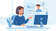 © IsratJahan - Customer service representative woman with headset helping client. Call center agent support. Happy user. Business communication operator. Corporate assistance. Online help desk