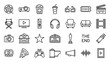 © farhana - Cinema and movie night line icons set. Minimalist style film, popcorn, ticket, projector, camera, clapperboard, director chair, Oscar, 3D glasses, remote, soda, and entertainment vector collection