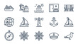 © farhana - Cruise and maritime line icons set. Nautical travel symbols. Ocean vacation vector elements. Sea transport signs ship, anchor, compass. Summer voyage pictograms. Thin outline style.