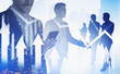 © ImageFlow - Business people interacting with digital charts overlay, creative double exposure style, cityscape background, concept of financial growth and teamwork