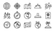 © JohnLester - Geography travel line icons. Vector globe map compass navigation world earth mountain nature passport location pin. Minimalist tourism symbols. Adventure vacation. Route planning