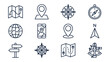 © JohnLester - Map navigation and compass line icons set. Minimal vector travel symbols. GPS location pin. Direction arrow. Adventure route journey. Geography. Tracking element. Sextant and globe.