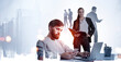 © ImageFlow - Business people using technology and documents, double exposure style, urban city background, concept of teamwork, communication, and modern workplace