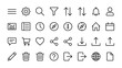 © Emannuel - Minimalist set of 24 user interface line icons. Outline symbols for app UI design including menu, settings, search, filter, sort, upload, download, bell, profile, calendar, home, and navigation tools.