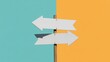© 3D Stock House  - Two white arrows pointing in opposite directions on wooden signpost against split teal and orange background