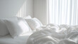 © glowcharmy - Luxury hotel style white bed with fluffy pillows and soft morning light for weekend relaxation concept