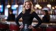 © Bernd Schmidt - Smiling blonde woman in a black turtleneck and leather skirt posing with hands on hips in an elegant colorful bar generative AI