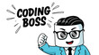 © EmilyGrace - Confident marshmallow character in a suit and glasses flexing with the text coding boss, a fun illustration for programmers and developers.