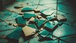 © Fajarstudio - Sharp edged fragments of shattered teal and tan ceramic tiles lie scattered on a textured floor after breaking