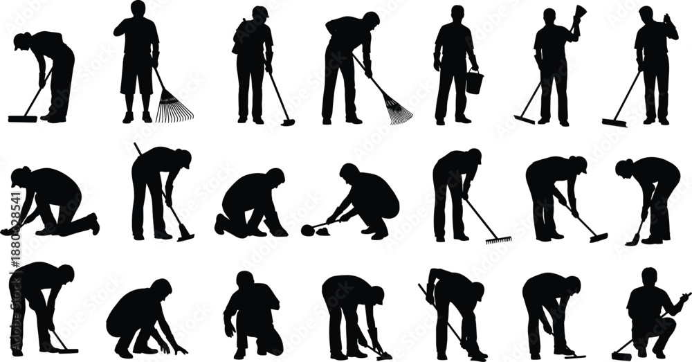 Large set of professional gardener and janitor silhouettes, people cleaning and working with rakes, brooms, and tools for yard work and maintenance service