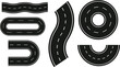 © Najma - Collection of various black road segments with white dashed lines, illustrating different shapes and curves for design elements.