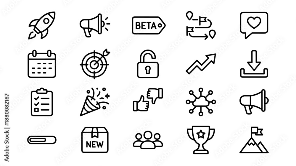 Product launch line icon set. Business startup symbols. Rocket ...