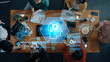 © InfiniteFlow - A group of professionals engaged in a brainstorming session, utilizing innovative technology tools and concepts to enhance teamwork and creative thinking in a modern office setting. Trope