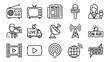 © YOUSSEF - Broadcasting and mass media line icons. Journalism news symbols. Radio tv microphone reporter press. Communication technology vector set. Live coverage satellite digital signal global.