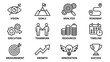 © Lina - Strategic planning and business management line icons set. Vision, goals, analysis, roadmap, teamwork, resources, timeline, measurement, growth, innovation, success. Minimalist outline symbols.