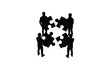 © PrimePixel Studio - Silhouettes of business people assembling four interlocking puzzle pieces against a white background