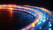 © NATALIIA - Curved cable detail macro shot fiber optic light trails illuminated blue orange glowing strands creating abstract patterns against deep black space